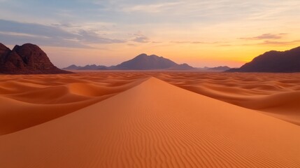 Desert Sunset: A breathtaking panoramic vista of the Sahara Desert at sunset, showcasing the undulating dunes and distant mountains bathed in a warm, golden light.