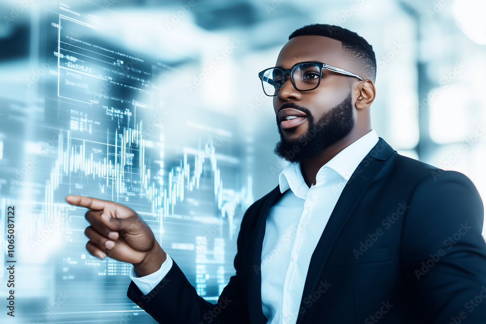 Poster a man in a suit points at digital graphs and data analysis on a transparent screen, engaged in a dis