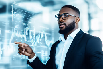A man in a suit points at digital graphs and data analysis on a transparent screen, engaged in a discussion