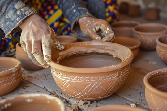 A community workshop teaching traditional pottery making techniques in Morocco on African World Heritage Day