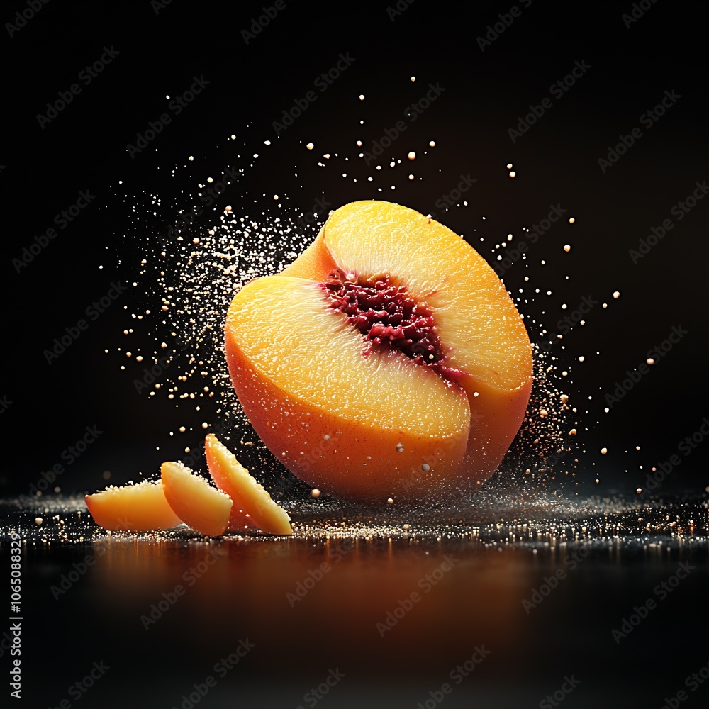 Poster artistic burst of fresh peach with segments amidst floating particles : generative ai