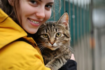 volunteer holding rescued cat, animal care and shelter