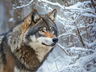 Obraz premium portrait a grey wolf standing in a snowy forest