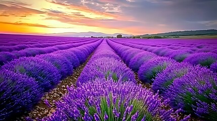 Obraz premium Lavender field at sunset with rows of purple flowers and a golden sky.