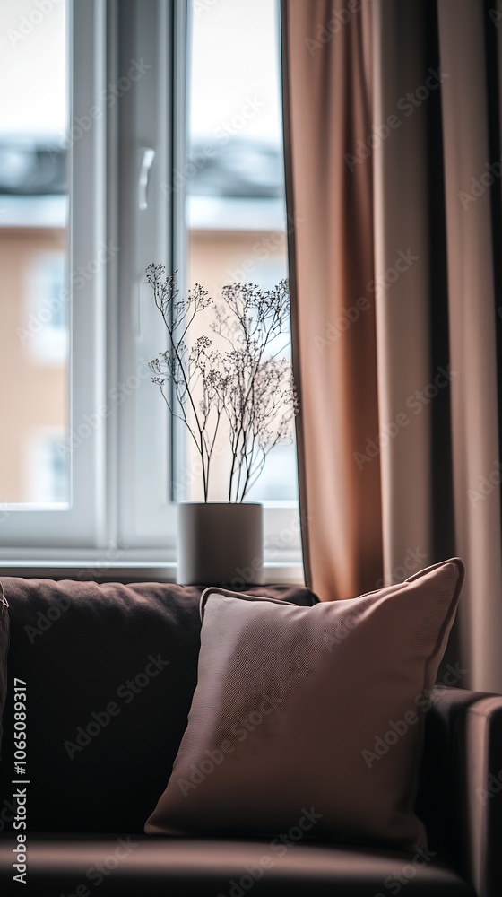 Aufkleber modern sofa with subtle color cushions and potted plant by large window : generative ai