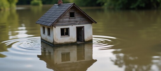 Floating Miniature House Showcases Water Damage in Troubled Scene