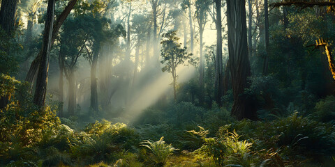 Fototapeta premium Serene forest scene with sunlight filtering through trees