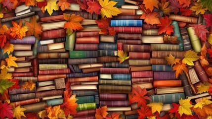 Fototapeta premium Rustic Bookshelf with Autumn Leaves
