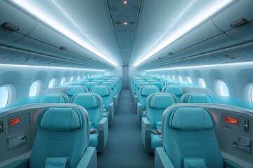 Obraz premium The interior of a large airplane is filled with blue seats. The blue color gives a sense of calmness and relaxation to the passengers. The airplane is almost empty