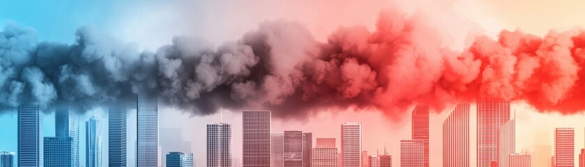 A skyline is depicted with a gradient of blue to red, merging with dark smoke, suggesting an atmosphere of environmental distress or urban conflict.
