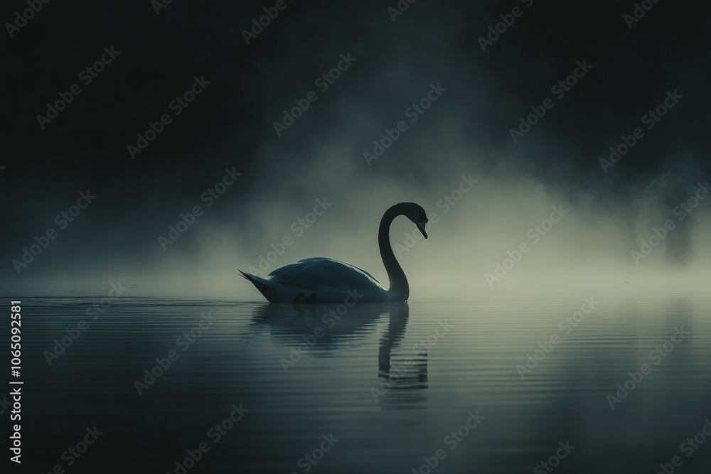 Poster A swan floats peacefully on a tranquil lake enveloped by gentle fog, capturing a serene and timeless moment in a beautifully composed natural setting.