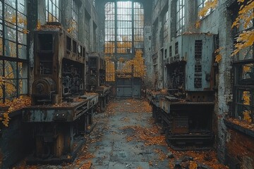 Fototapeta premium Abandoned Industrial Building with Large Windows and Machinery