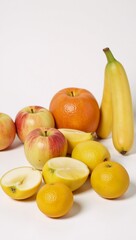 Colorful arrangement featuring assorted fruit apples lemons oranges against a white backdrop