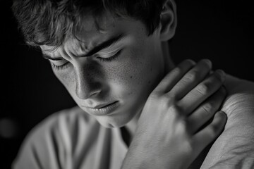 A black and white close-up portrait captures a young man's intense emotional moment, his eyes closed as he grasps his shoulder, conveying vulnerability.