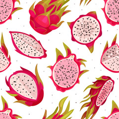 Pitaya or Dragon Fruit Seamless Pattern Design with Tropical Plant Vector Template