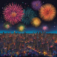 night sky with colorful fireworks - Generative AI