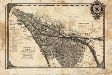 An antique map of a city with streets, landmarks, and a compass.