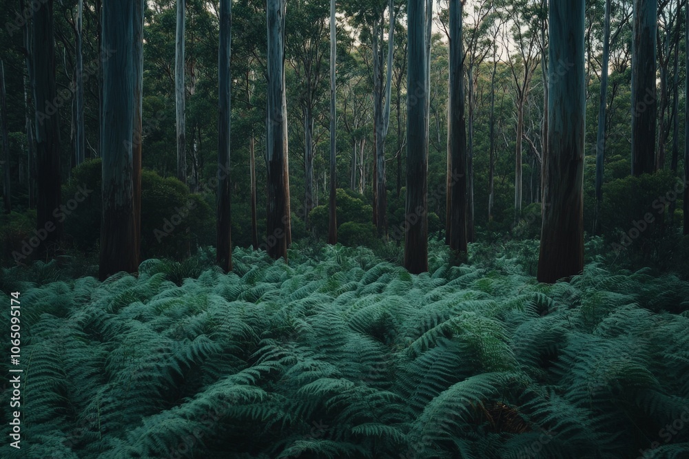 Poster a lush and expansive forest captures tall trees amidst a dense undergrowth of ferns, evoking a sense