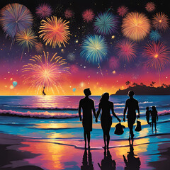 night sky with colorful fireworks - Generative AI