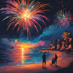 night sky with colorful fireworks - Generative AI