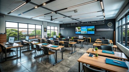 Aerial View of a Modern Classroom with Sleek Black Desks and Interactive Whiteboard - Contemporary Educational Design