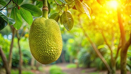 Juicy jackfruit hanging from a tree in a lush tropical garden, tropical, fruit, jackfruit, hanging, tree, garden, ripe, juicy