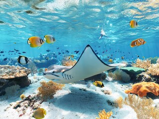Coral reef with tropical fish and rays in clear ocean