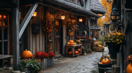 A rustic village inn with wooden beams and Thanksgiving decorations at the entrance.A rustic village inn with wooden beams and Thanksgiving decorations at the entrance.