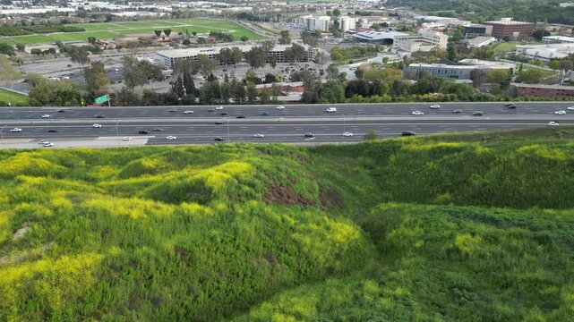 Aerial video over a highway in the city of Pomona United States