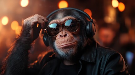 A playful chimpanzee wearing sunglasses and headphones, portraying a DJ in a leather jacket, all surrounded by vibrant bokeh lights and lively energy.
