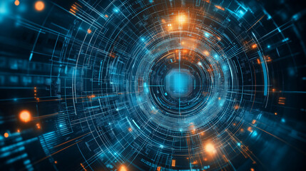 Fototapeta premium Futuristic circular interface with glowing blue lines and digital elements, set against an abstract black background. center of the circle represent data or information flow in a high-tech atmosphere