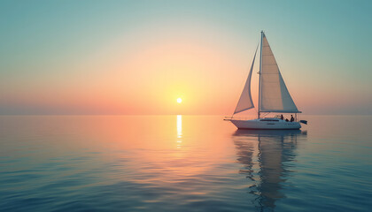 Fototapeta premium A photo of a sailboat against the background of a calm ocean with a bright sunset, an atmosphere of purity and tranquility