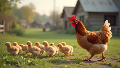 Fototapeta premium A mother hen with chickens on the background of a farmyard