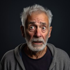 Obraz premium Close up of a scared elderly man with a fearful look and casual shirt against a neutral gray backdrop