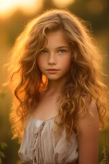 Fototapeta premium Girl with flowing hair in a sunlit meadow, her eyes reflecting natureâ€™s beauty under the golden hour light.