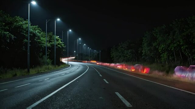 traffic on highway at night colorful lights HD resolution with hyper realistic nature ai generative 4K Background.
