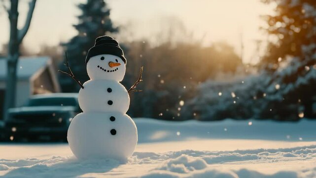 Happy snowman in knitted cap standing against blurred snowy winter landscape. Festive background with cute lovely snowman. Merry Christmas and Happy New Year. Magic winter background