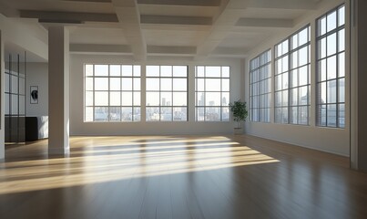 Fototapeta premium A modern contemporary loft with wood floors and windows, showcasing minimalistic design and ample natural light