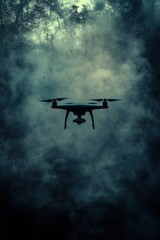 Fototapeta premium A Silhouette of a Drone Against a Gloomy Forest Sky