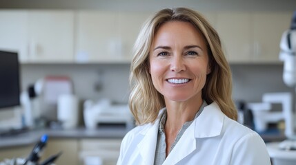 Fototapeta premium Smiling female dentist doctor in a lab coat standing in a modern medical lab, representing professionalism, expertise, and compassion in healthcare and scientific research.