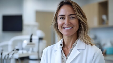 Fototapeta premium Smiling female dentist doctor in a lab coat standing in a modern medical lab, representing professionalism, expertise, and compassion in healthcare and scientific research.