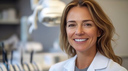 Fototapeta premium Smiling female dentist doctor in a lab coat standing in a modern medical lab, representing professionalism, expertise, and compassion in healthcare and scientific research.