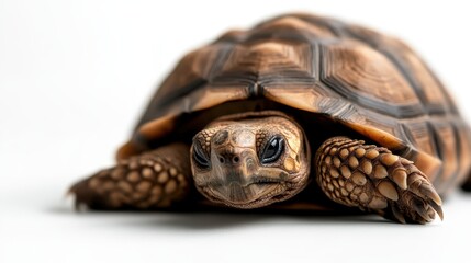A charming young tortoise traversing a sleek white surface, beautifully highlighting its intricately patterned shell and determined gaze in a serene atmosphere.