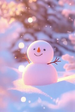 Happy snowman in knitted cap standing against blurred snowy winter landscape. Festive background with cute lovely snowman. Merry Christmas and Happy New Year. Magic winter background