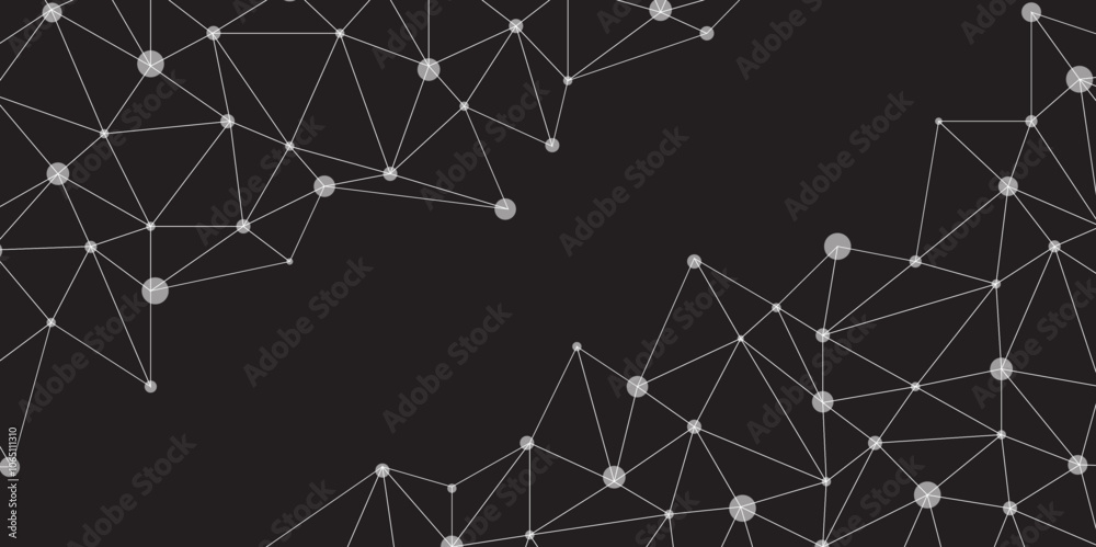 Poster Abstract black geometric background with connecting dots and lines with low poly triangle shapes. Polygonal Mesh Background Vector digital technology concept Global network connection data structure.	