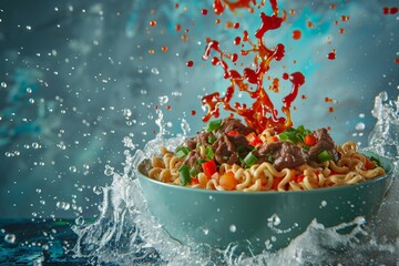 Bright, dynamic photograph showing beef noodles with green onions, red peppers, splashing liquid, sauce mid-air. Vivid colors motion convey playful energy, fresh ingredients in vibrant setting.