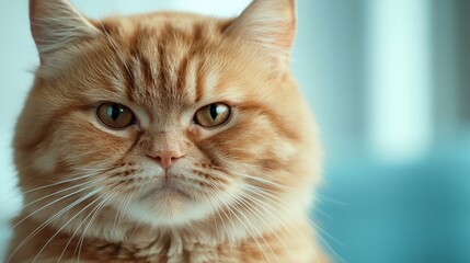 A close-up portrait of a ginger cat with a captivating golden stare, showcasing its fluffy coat and serene demeanor in soft lighting, exuding calm elegance.