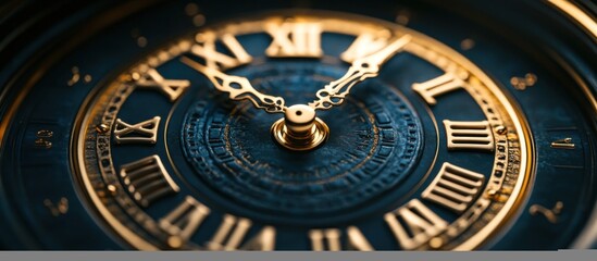 Fototapeta premium Close-up of a classic clock face with Roman numerals and gold hands.