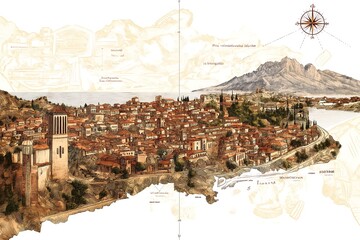 Obraz premium An illustration of a coastal city with a mountain range in the distance.