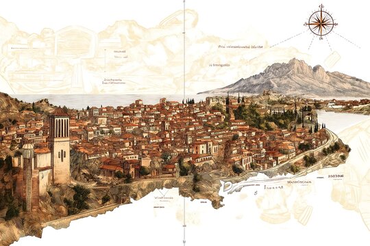 An illustration of a coastal city with a mountain range in the distance.